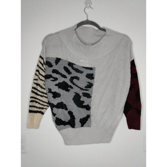 Exlura Women's Off Shoulder Sweater Mixed Animal Print Loose Oversized Pullover - Picture 1 of 7